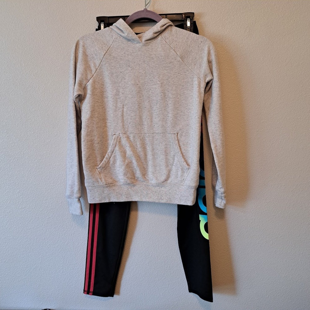 Athleta Girl Hoodie & Adidas Rainbow Logo Leggings Set Kid Size 12/16 Grey Black